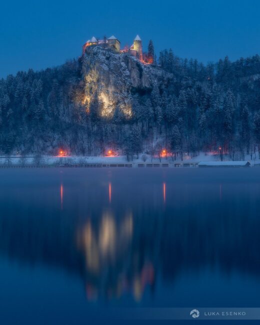 Lake Bled castle in winter
