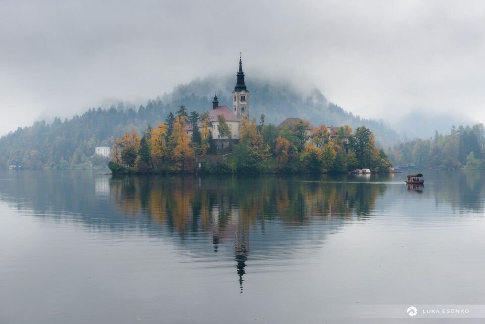 Moody day at Lake Bled. Early autumn season.