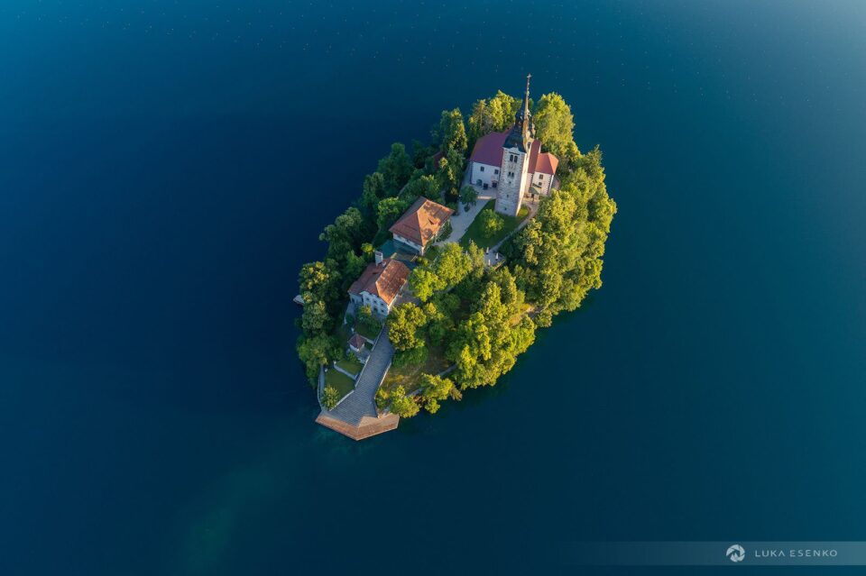 An aerial view of the Lake Bled island