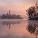 Misty morning at Lake Bled. A typical scene in winter.