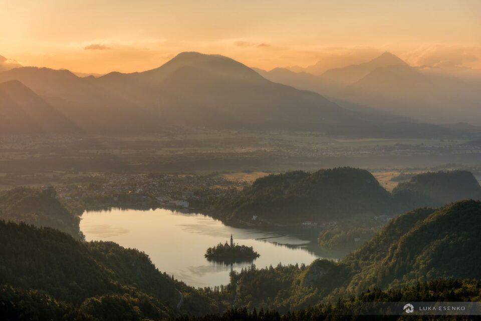 Morning atmosphere above Lake Bled. There are Karavanke and Kamnik-Savinja Alps in the background.