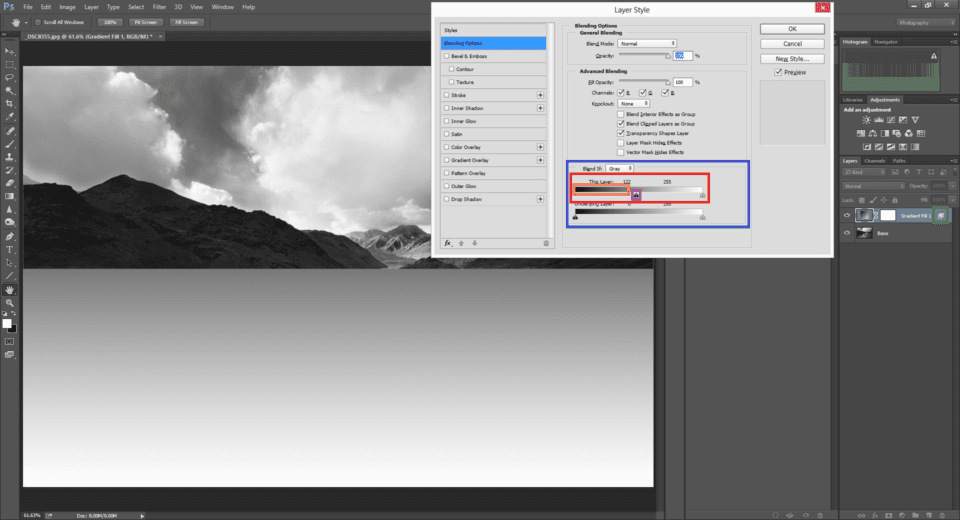 Blend If Window that pops up when we double click on the right side of the selected layer