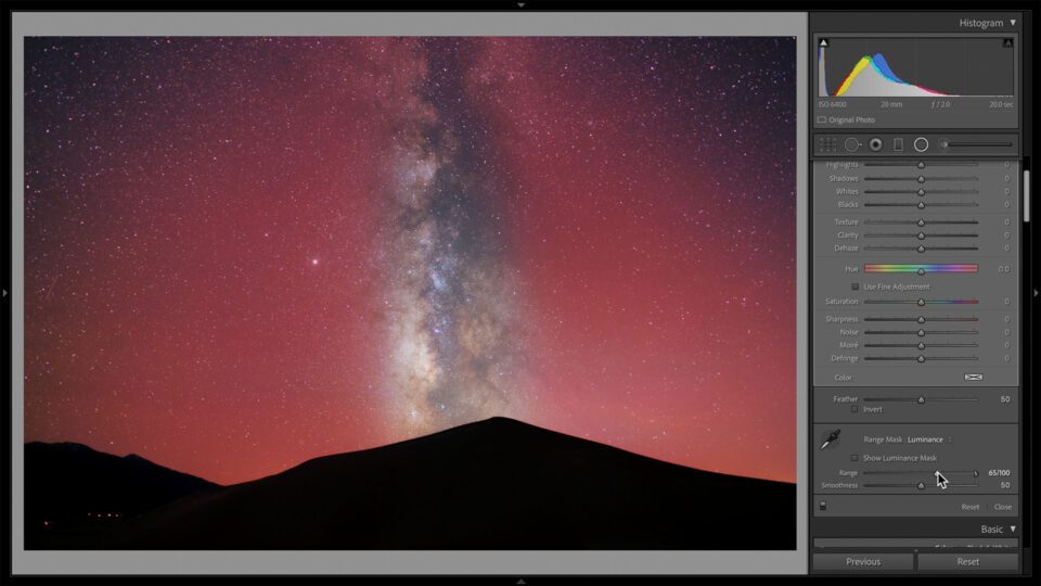 Inverted Radial Gradient Filter in Lightroom for Darkening the Sky Astrophotography