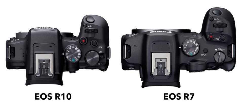 Canon EOS R10 vs EOS R7 Size and Top View with Buttons and Control Layout
