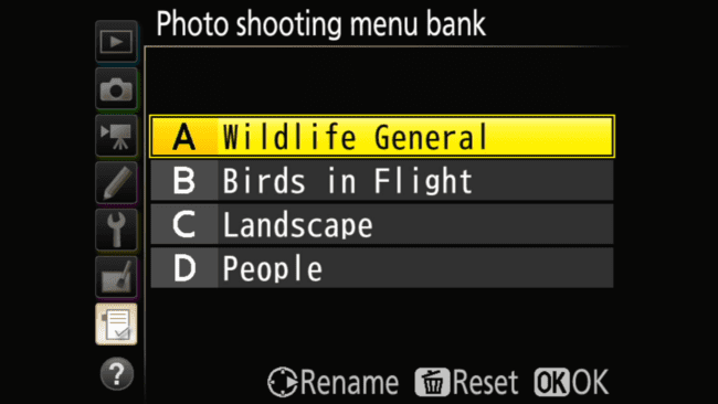 Photo shooting menu bank