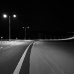 Street at night black and white photo