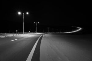 Street at night black and white photo