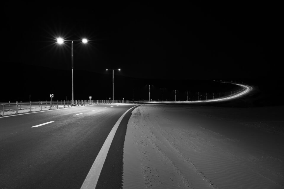 Street at night black and white photo