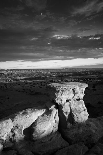 Black and White Rock Formation and Moon Nikon Z 28mm f2.8 Review Sample Landscape Photo