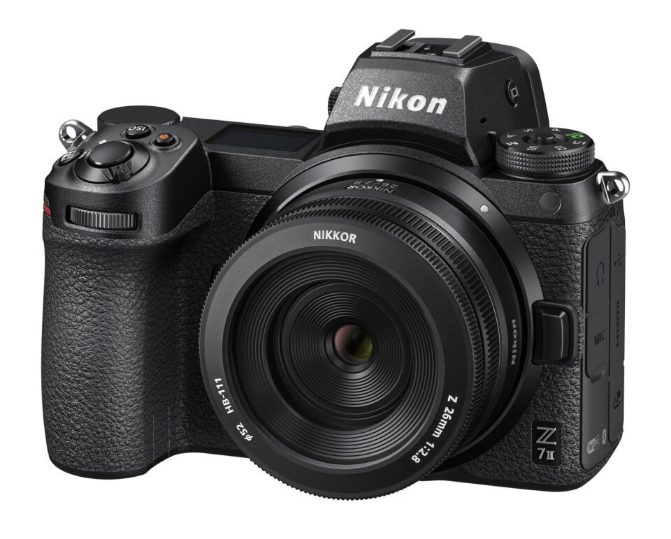 Nikon Z 26mm f2.8 Official Product Photo with Lens Hood on Camera