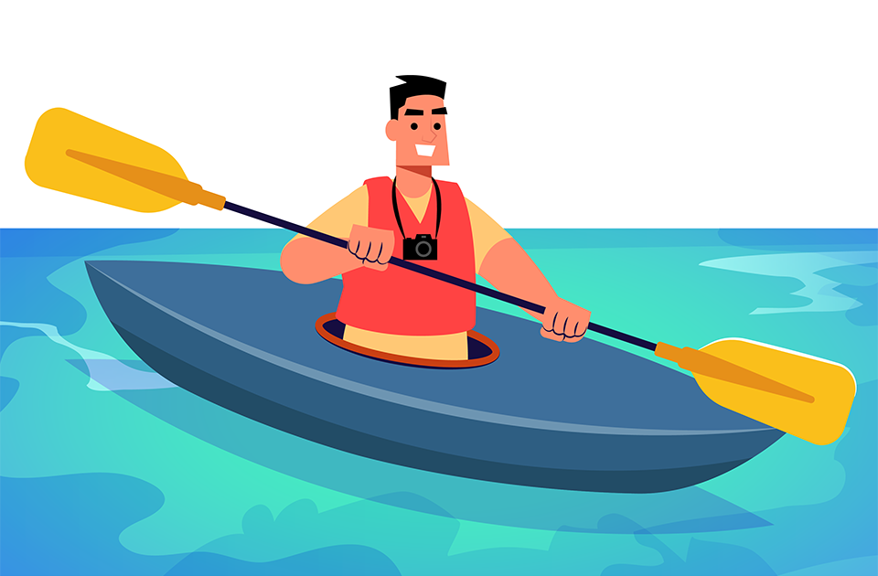 Photographer with camera around neck while kayaking illustration