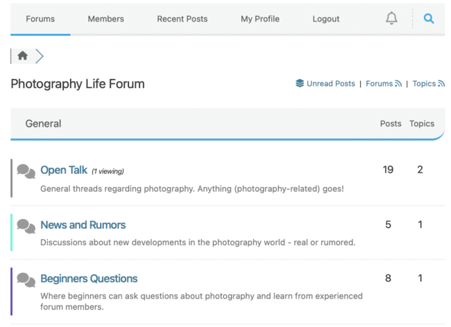 Capture d'écran des forums de la vie de la photographie