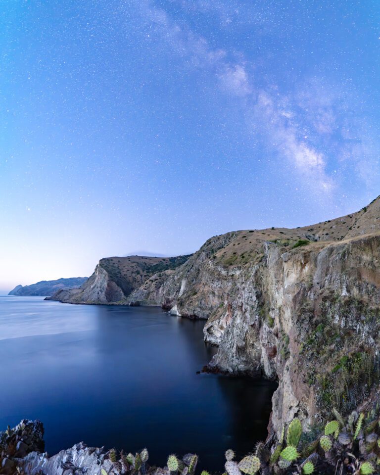 Milky Way Galaxy and Catalina Island Panorama shot using a micro four thirds camera